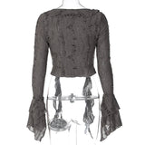 Poshoot Butterfly Sleeve Tassel Long Sleeve Ruffles High Waist Crop Top Tshirt Hollow Out Summer Fashioon Y2K Casual Clothes