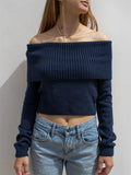 Poshoot Women Off The Shoulder Sweater Y2k Long Sleeve Boat Neck Knit Cropped Pullover Tops Fall Trendy Going Out Streetwear