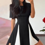 Poshoot High Waist Patchwork Mini Dress Women's Fashion O Neck Short Sleeve A Line Dress Luxury Party Y2k Short Dress Female