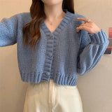 Poshoot Y2K Knitted Cropped Cardigan Sweater Women Korean Short Long Sleeve Crop Tops Woman Solid Color V Neck Cardigans Female