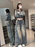 Poshoot Y2k Low Waist Cargo Jeans Women Vintage High Street Baggy Denim Pants with Pockets Female Wide Grunge Baddie Streetwaer