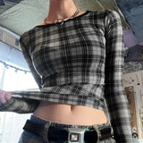 Poshoot Black See Through Plaid Graphic Print T Shirts Women Y2k Mesh Crop Top Long Sleeve Tees Female Aesthetic Feminist Shirt