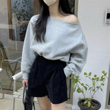 Poshoot 2024 Chic Irregular Off Shoulder Hoodies Women Korean Fashion Solid Color Crop Tops Woman Long Sleeve Streetwear Pullover Mujer