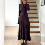 Poshoot Women's Knitted Long Dress Autumn Winter Solid Loose Long Sleeve Tie Y2k Dress Casual Office Commuting Long Dress Female