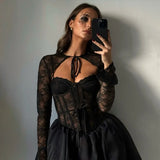 Poshoot Black Lace Pleated Dress Women Elegant Slim Sexy Lace Strappy A-Line Dress Party Club Y2k Luxury High Waist Dress Set