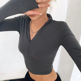 Poshoot Zipper Up Long Sleeve T-Shirts Woman 2024 Streetwear Skinny Crop Tops for Women Solid Color Slim Fit Y2K Tee Shirt Female