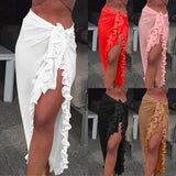 Poshoot 2024 New  Women Chiffon See-Through Beach Bikini Cover Up Wrap Scarf Swimwear Pareo Sarong Dress Solid Ruffle Casual Beach Dress