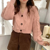 Poshoot V Neck Cropped Cardigan Women Long Sleeve Twist Knitted Sweater Coats Woman Korean Fashion Solid Color Button Up Cardigan