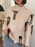 Poshoot Women's Knit Casual Sweaters Bow Decorative Top Pullovers Knitwear Long Sleeved Outwear Warm Loose Jumper Streetwear