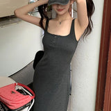 Poshoot Sexy Sleeveless Slim Long Dress Women Summer Button Decorate Square Collar Dresses Woman Korean Fashion Elastic Bodycon Dress