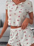 Poshoot Women 2 Pieces Pajama Sets Short Sleeve Button Down T-shirts Crop Tops Elastic Waist Shorts Floral Print Pajama Sets