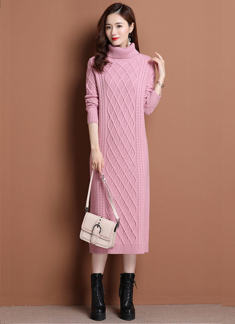 Poshoot Long Bottoming Sweater Skirt Over The Knee 2023 Autumn and Winter New Thickened Turtleneck Knitted Dress Women Sweaters