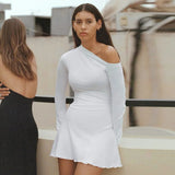 Poshoot Fashion Off Shoulder Dress Women's White Slant Neck Sexy Long Sleeve Short Dress Y2k Pleated A-Line Party Club Dress