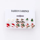 Poshoot 6 Pairs/Lot Christmas Earrings for Women Trendy Xmas Tree Santa Claus Elk Bow Ribbon Earring Set Party Holiday New Year Jewelry