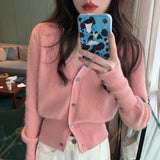 Poshoot Pink Knitted Sweater Cardigan Women Single Breasted V Neck Sweaters Woman Autumn Winter Solid Color Soft Cardigans Ladies