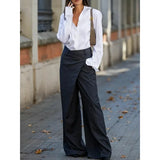 Poshoot Trendy Women's Suit Pants Autumn Spring Loose Wide Leg Asymmetric Solid Color Split-Joint High Waisted Formal Trousers