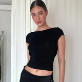 Poshoot O Neck Short Sleeve Backless Ruched Crop Top Women'S Tshirt Y2K Streetwear Summer Spring Dropshipping Casual Clothing