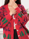 Poshoot Women Christmas Knit Sweaters Deer Christmas Tree Print Red Button Up Cardigans Casual Lightweight Warm Fall Winter Knitwear