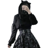 Poshoot Y2k Gothic Womens Hoodie Cat Ear Crop Top Hooded Sweatshirt Hollow Out Lace Up Long Sleeve Hodded Casual Pullover Autumn