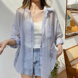 Poshoot White Chiffon Sun Proof Blouse Women Summer Loose Long Sleeve Casual Thin Shirt Woman Simple Solid All Match Beach Shirts Mujer