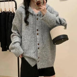 Poshoot Autumn Winter Hooded Knitted Cardigan Women Korean Style Single Breasted Sweater Coat Woman All Match Female Streetwear Coats