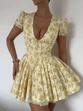 Poshoot Lemon Bloom V-Neck Mini Dress