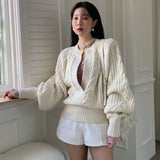 Poshoot Korean Fashion Deep V Neck Knit Sweater Women Twist Balloon Sleeve Sweaters Woman Solid Color Loose Chic Pullover Female