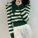 Poshoot Green Puff Sleeve Stripe Sweaters Women 2024 Korean Lapels Cropped Sweater Woman Spring Autumn Long Sleeved Knit Pullover