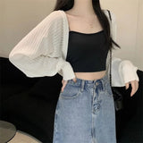 Poshoot Sunscreen Crop Knit Cardigan Women Korean Style Solid Color Thin Cardigan Coat Woman Simple Long Sleeve Smock Top Ladies