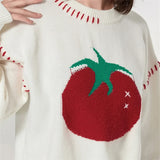 Poshoot Women Y2K Tomato Printed Pullover Sweater Top Oversized Fruit Graphic Long Sleeve Crew Neck Knit Sweater Fall Streetwear