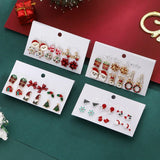 Poshoot 6 Pairs/Set Merry Christmas Series Stud Earrings for Women Cute Santa Claus Snowflake Elk Ribbon Earring Set Party Jewelry Gift