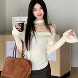 Poshoot Fashion Halter Off Shoulder Sweater Women Korean Flares Long Sleeve Knitting Pullovers Woman Chic Slim Fit Jumper Female