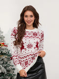 Poshoot Women Christmas Sweaters Classic Reindeer Snowflake Print Long Sleeve Round Neck Knitted Pullovers Fall Winter Warm Jumper Tops