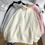 Poshoot Warm Thicken Zipper Stand Collar Hoodie Women Casual Long Sleeve Pullover Tops Woman Solid Color Loose Plush Sweatshirt