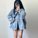 Poshoot Korean Style Denim Jacket Women 2024 Autumn New Long Sleeve Blue Coats Woman Retro Turn Down Collar Loose Jean Jacket Female