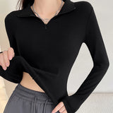 Poshoot Streetwear Women Long Sleeve T Shirt Early Autumn Solid Slim Fit Turtleneck Shirts Female Zipper Up Y2K Clothes Woman Crop Tops