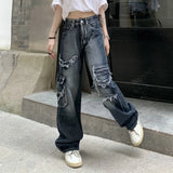 Poshoot Streetwear Ripped Baggy Jeans Woman High Waist Wide Leg Denim Trousers Women 2023 Harajuku Loose Straight Jeans Female