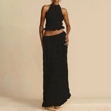 Poshoot-Sexy Halter Pleated Crop Tops Maxi Skirts Set Women Backless Sling Top Lace Up Fold Skirts 2024 Summer 2 Piece Set Beachwear