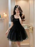 Poshoot 2023 Summer New Black Yarn Dress Fluffy Small Short Square Neck Spicy Girl Sweet Style Small Puff Sleeve Sexy Lovely Short FO30