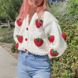 Poshoot Y2k Cherry Embroidery Cropped Sweater For Women Knit Cardigan Female Autumn Long Sleeve Loose Knitted Coats Jackets