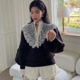 Poshoot Korean Fashion Deep V Neck Knit Sweater Women Twist Balloon Sleeve Sweaters Woman Solid Color Loose Chic Pullover Female