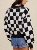 Poshoot Y2k Vintage Checkerboard Crop Cardigan V-neck Button Up Knitted Sweaters Women Autumn Winter Outfits