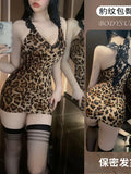 Poshoot 2023 Summer New Women's Sexy Leopard Stripe sling Temptation Lace Bow Temptation Pleated Slim Deep V Wrap buttocks Dress DX9E