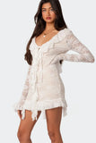 Poshoot Christmas Thanksgiving Gifts  See-Through Lace Long Sleeve Bodycon Mini Dress