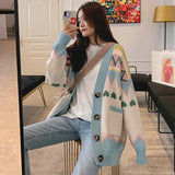 Poshoot National Wind Mixed Color Knitting Cardigans Women Korean Long Sleeve Loose V Neck Cardigan Woman Single Breasted Sweater Coat