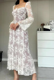 Poshoot Christmas Thanksgiving Gifts  Lace-Up Square Neck Printed Long Sleeve Maxi Dress