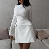 Poshoot Elegant Women's Mini Dress White O Neck High Waist Long Sleeve Dress Fashion Patchwork Party Evening Dress Lady Vestidos