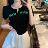 Poshoot Letter Printed Crop T-Shirt Women 2024 Summer Basic Short Sleeve Slim Fit Tees Woman Streetwear V Neck Y2K T Shirt Ladies