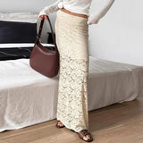 Poshoot Elegant Lace See-through Long Skirt Women's Sexy Patchwork Skirt Solid Casual Loose High Waist Slim Retro Long Skirt Y2k