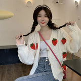 Poshoot Strawberry Decor Knitted Cardigan Women Chic Long Sleeve Sweet Cardigans Woman Korean Lazy Wind Short Sweater Coat Female